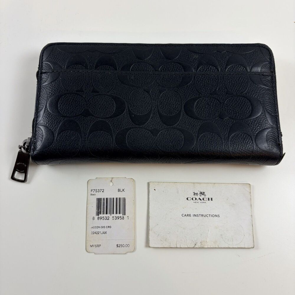 Coach Signature Black Leather Zip Around Accordion Wallet Long Wallet 8" x 4"